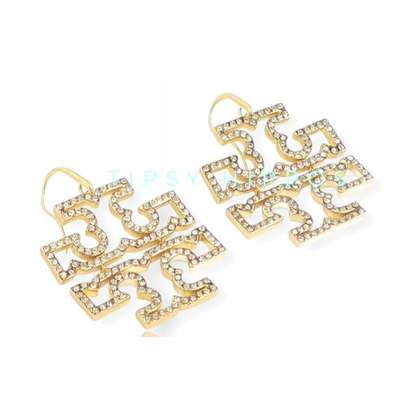 Tory Burch Gold-Plated Rhinestone Geometric Dangle Earring - Picture 2 of 3